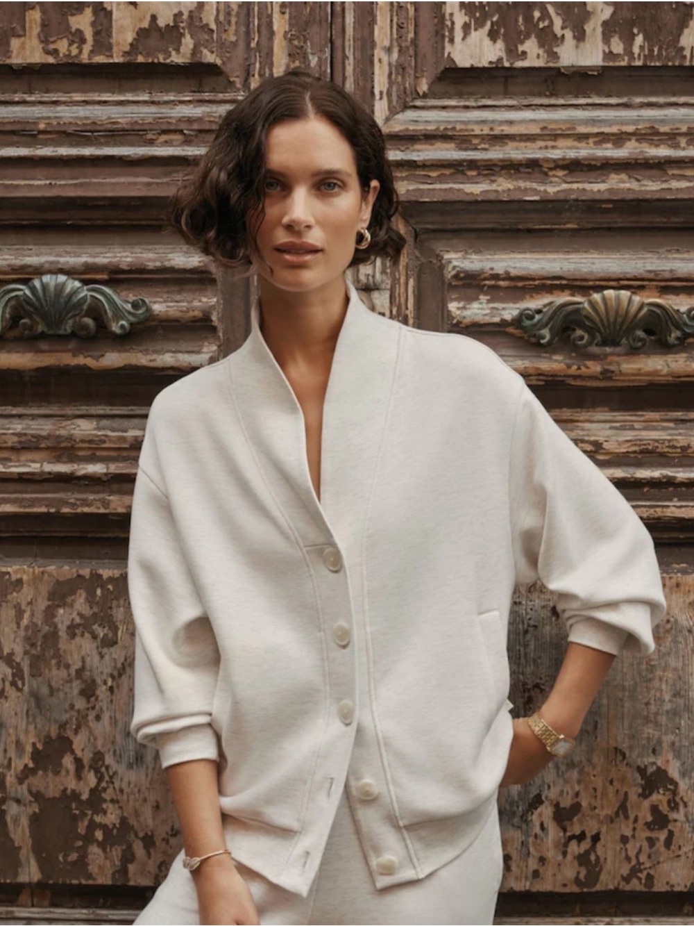 Varley Ivory Marl Button-Front Cozy Jacket